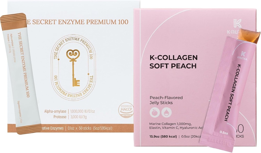Secret Enzyme Premium 100 (50 sticks) un K-collagen Soft persiku kolagēns Jelly (30 sticks) gremošanas veselībai, ādas veselībai