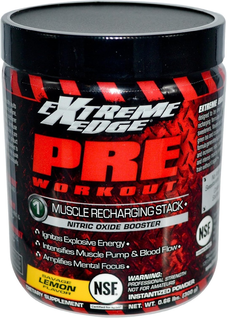 Bluebonnet Nutrition Extreme Edge Pirms treniņa, Muskuļu uzlādēšanas formula*, Palielina slāpekļa oksīda (NO) līmeni*, bez sojas, bez piena, citrona, 0,66 LB, 30 Servē