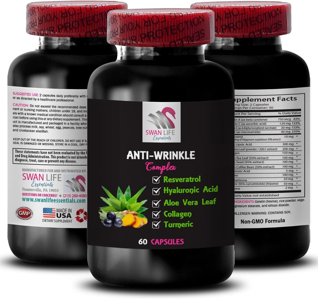 Alpha Lipoic Acid Support - ANTI-WRINKLE COMPLEX - Aloe Vera Leaf priekšrocības, kolagēna Boost, zaļās tējas lapu ekstrakts, vīnogu sēklu jauda, zaļās kafijas pupiņu priekšrocības, hialuronskābe 1 pudele 60 Caps