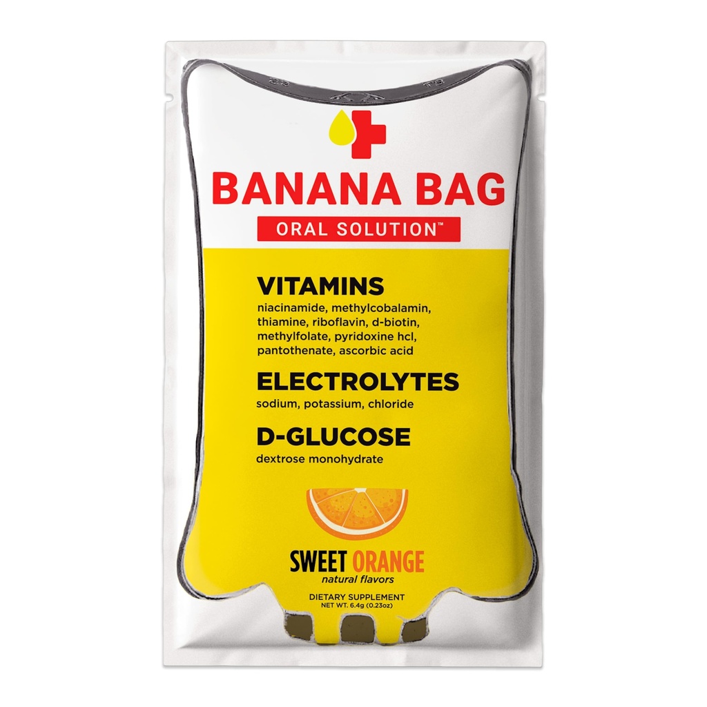 Banana Bag šķīdums iekšķīgai reģenerācijas paketes – Sweet Orange 30pk  Ērts, ērts un piemērots jebkuram dzīves veidam.