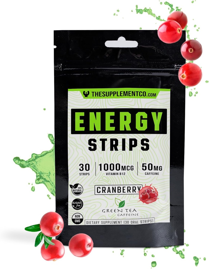 Enerģijas lentes - 50 Mg kafienes - Ātrā absorbcija 100% visas dabiskās formulas - Dzērvenes Flavor - 30 lentes -
