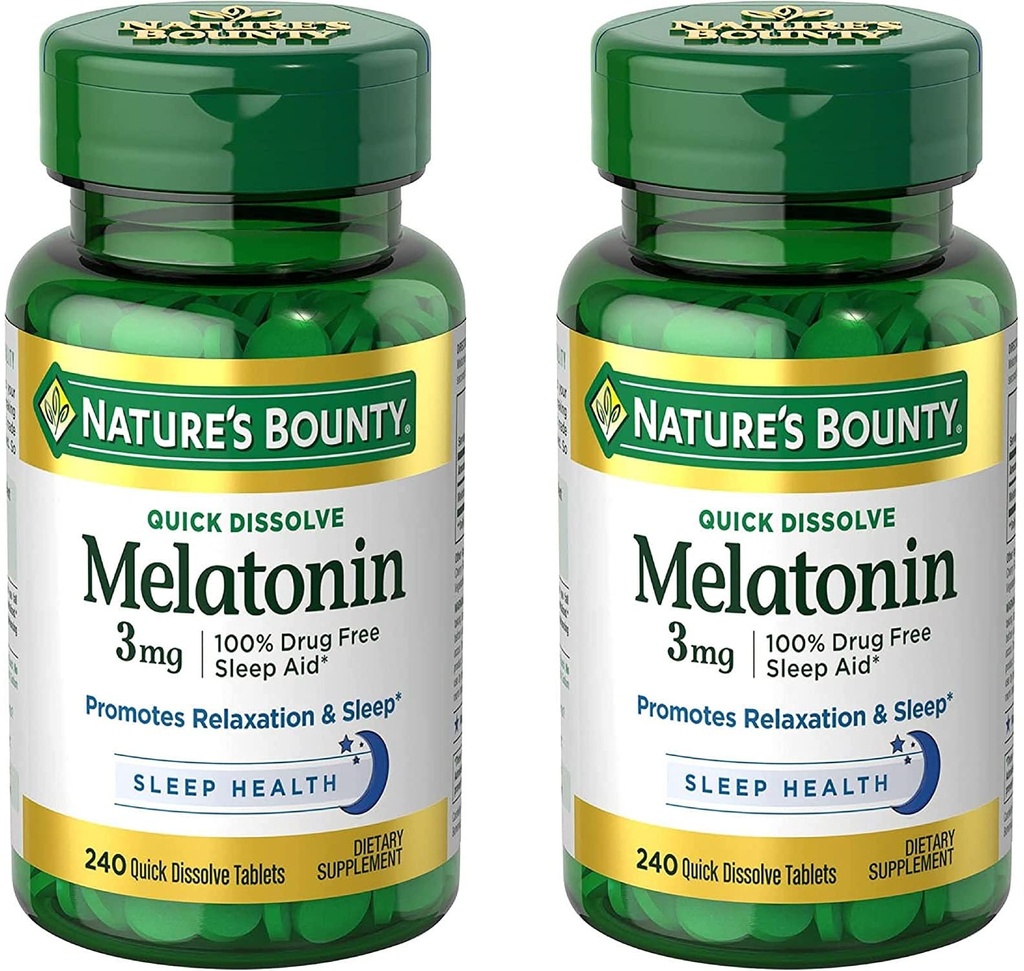 Dabas Bounty Melatonin 3mg, 100% zāļu bezmaksas miega palīglīdzekļi pieaugušajiem, atbalsta relaksācija un miegs, uztura papildinājums, 240 Skaits (iepakojums no 2)