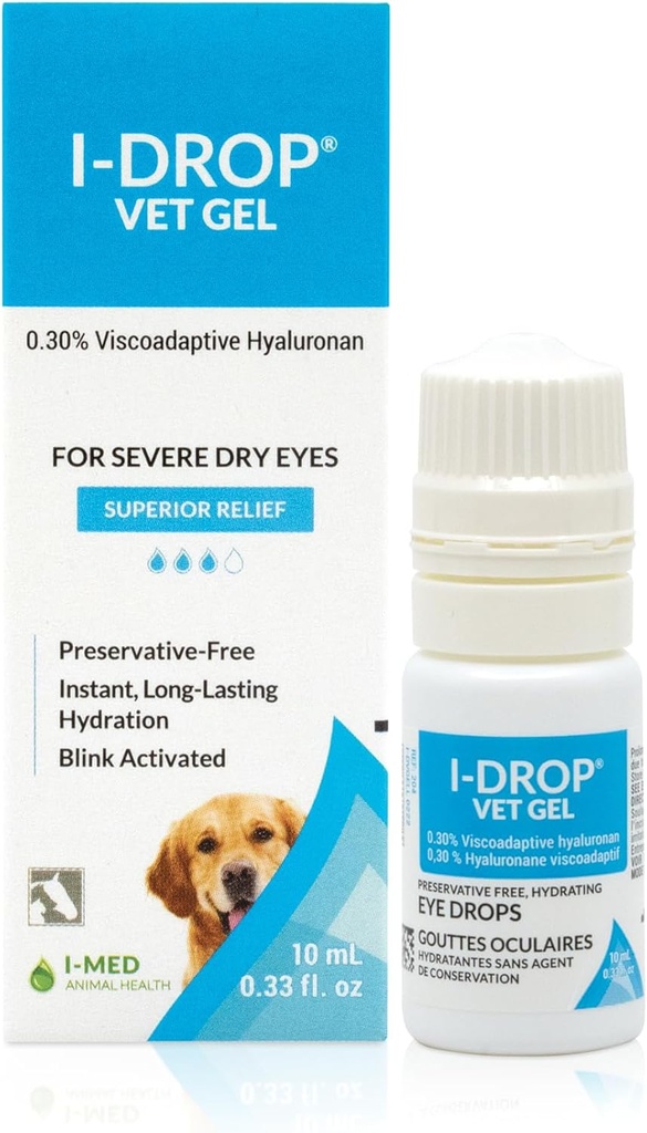 I-DROP Vet Gels: pet Acu pilieni suņiem; lubrikāts Akūtas/jūras sausās acis; Superior Comfort; Ilglaicīgs atvieglojums; Mazāk nepieciešama lietošana; 0.30% Hyaluronan; Daudzdevu pudele; Viena pudele; 10 ml