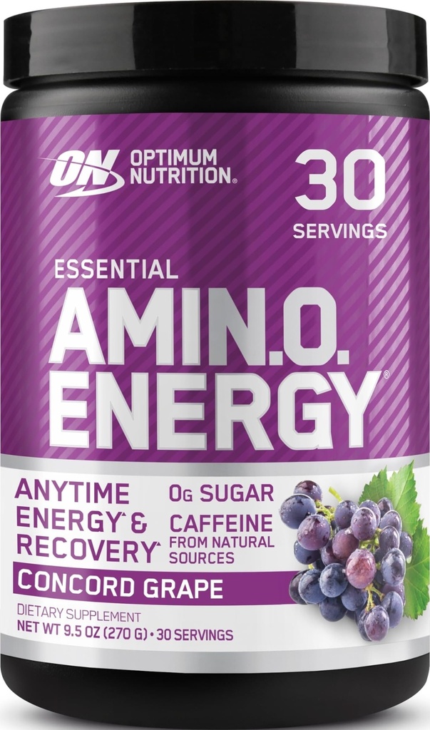 Optimum Nutrition Amino Energy - Pre Workout with Green Tea, BCAA, Aminoskābes, Keto Friendly, Green Coffee Extract, Enerģijas pulveris - Concord Vīnogas, 30 Pasniedz