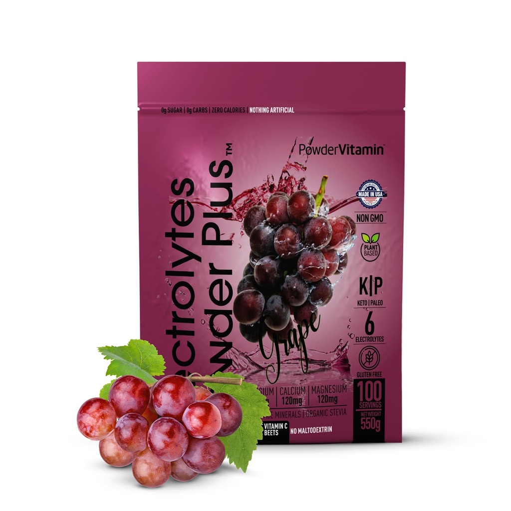 Pulveris Vitamīna elektrolītu pulveris Plus (100 Kalcijs) Vīnogu elektrolītu pulveris Zero Calorie Keto, 0 Cukurs, Nē Maltodekstrīns, 1000mg Kālijs,120mg Kalcijs, 120mg Magnijs, hidrācija Pulveris
