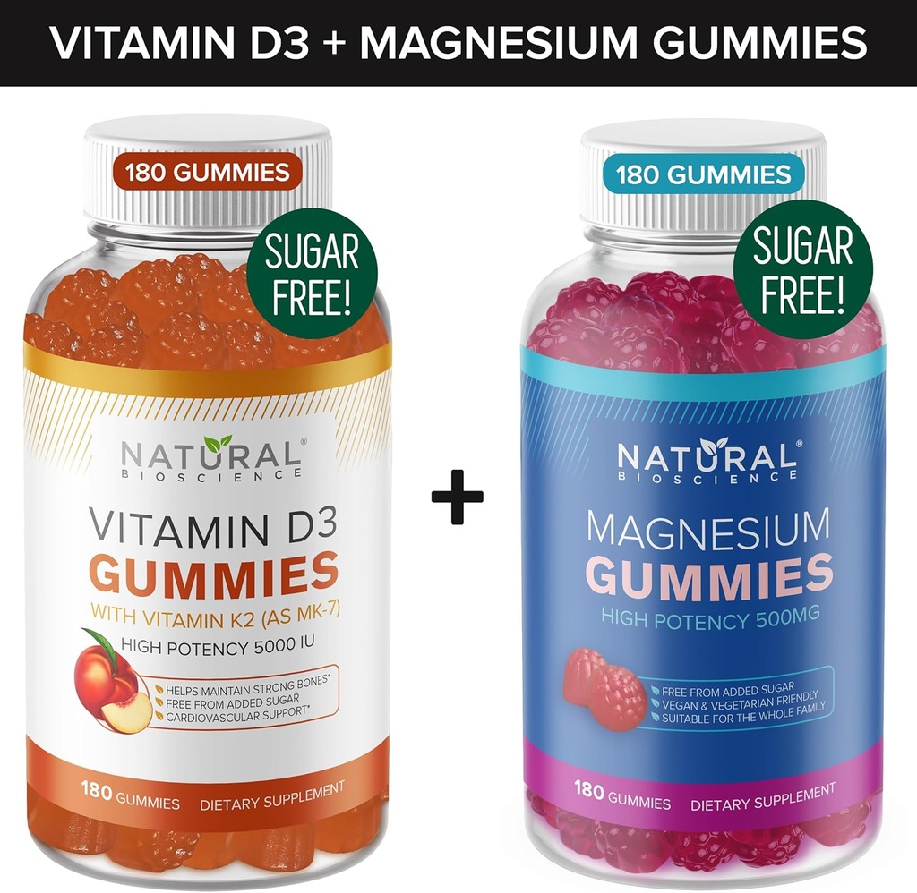 Bezcukura vitamīns D3 K2 Gumijas (180 Gumijas) un bezcukura Ekstra Stiprums Magnija Gumijas (180 Gumijas), vitamīns D3 Gumijas 5000 SV+K2 MK7 80 μg, magnija citrāts Gumijas 500 mg