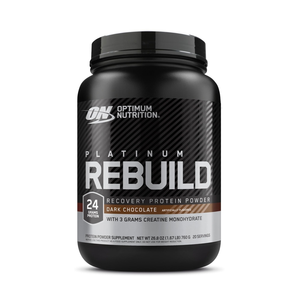 Optimum Nutrition Platinum Rebuild, Premium Platinum Blend Protein Pulveris ar kreatīnmonohidrātu, Tumšā Šokolāde, 20 Kalpojumi