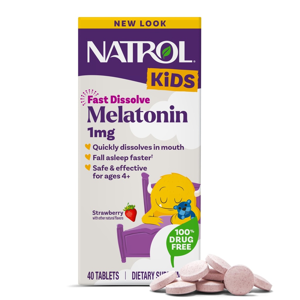 Natrol Kids ātri izšķīdina Melatonīnu 1 mg, uztura bagātinātājs mierīgs miegs, miega tabletes bērniem, 40 zemeņu melatonīna tabletes, 40 dienu piegādes