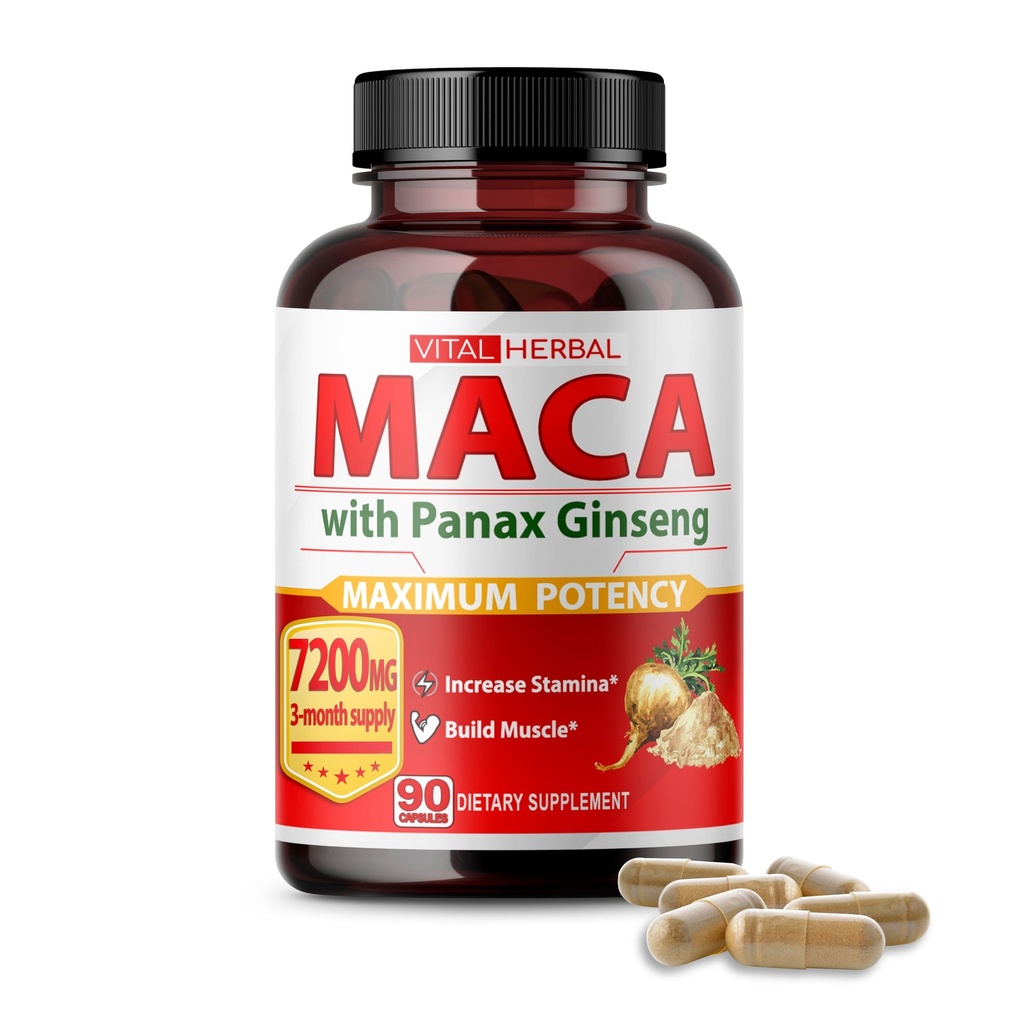 Vital Herbal Maca Root Complex ar Ashwagandha, Tongkat Ali, Tribulus, Horny Kaza Weed & Panax Ginseng – Herbal Atbalsts enerģijas un veiktspējas – 90 dienu piegādes