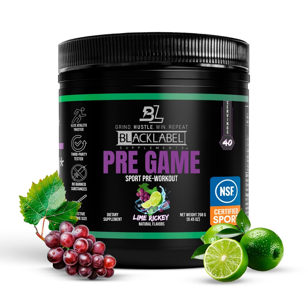 BLACKLABEL papildinājumi PRE-Game pre Workout pulveris, Laime Rickey (40 Servējumi) – NSF Sertificēts sportam – Pielāgojams 150mg kofeīns enerģijai un fokuss – zems stimulants Pre Workout vīriešiem un sievietēm