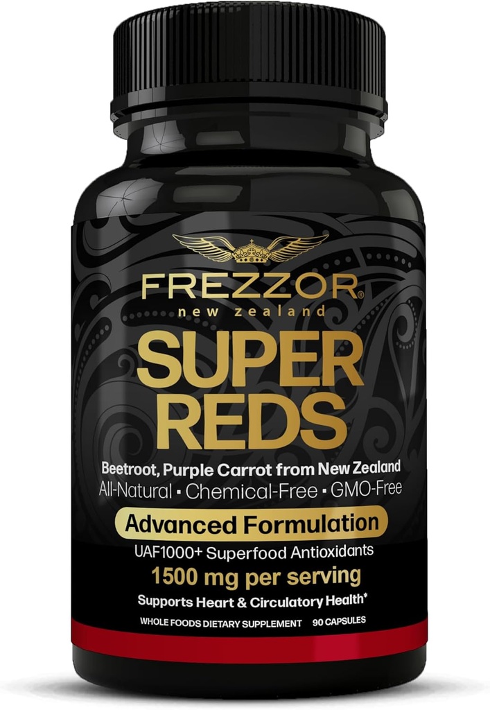 FREZZOR Super Reds Kapsulas ar UAF1000+, All-Natural New Zealand Red Superfood Energy, Essential Red Fruits Veggies & Beets, Antioksidanti, Fermenti, Enerģijas bagātinātāji, 90 Kapsulas, 1 pudele