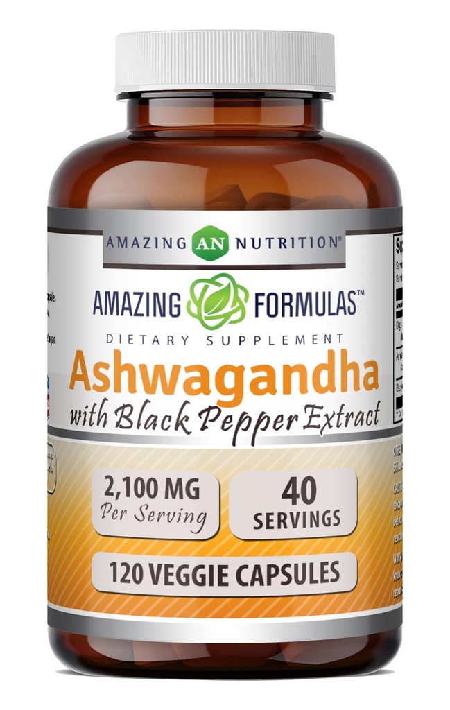 Amazing Formulas Ashwagandha Saknes ar Black Pepper Extract Papildinājums - 2100 Mg Per Servē -- Veggie Kapsulas Papildinājums -- Non-GMO --Lutten-Free -Ražots ASV (1 Pack, 120 Count)