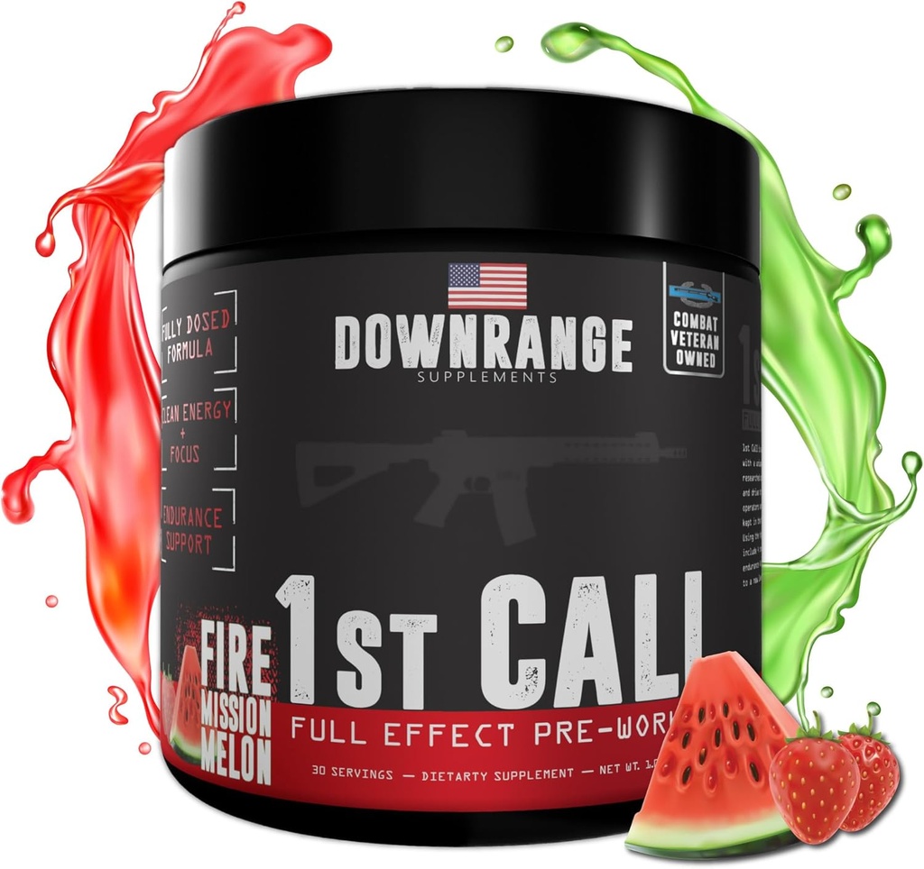 DownRange 1st Call Pre Workout Pulveris, Pirms treniņa vīriešiem un sievietēm, Aminoskābe Beta Alanine & Kofeīns sūknis, enerģija un Focus atbalsts, 30 Kalpojumi (Zemeņu arbūzs)