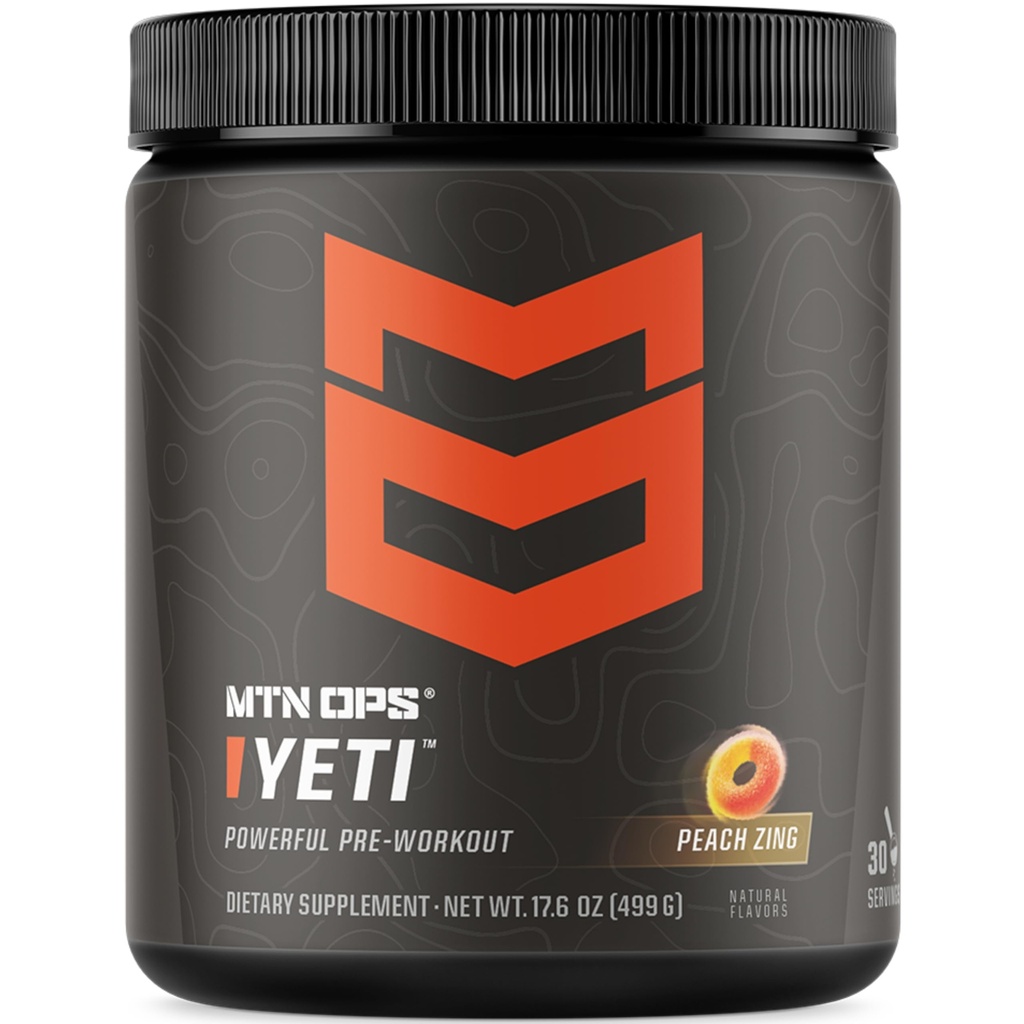 MTN OPS Yeti Pirmsstrādāšanas pulvera enerģijas dzēriens ar kreatīnu, 200 mg kofeīna un BCAA ar Beta Alanine, 30- Serving Tub, Peach Zing