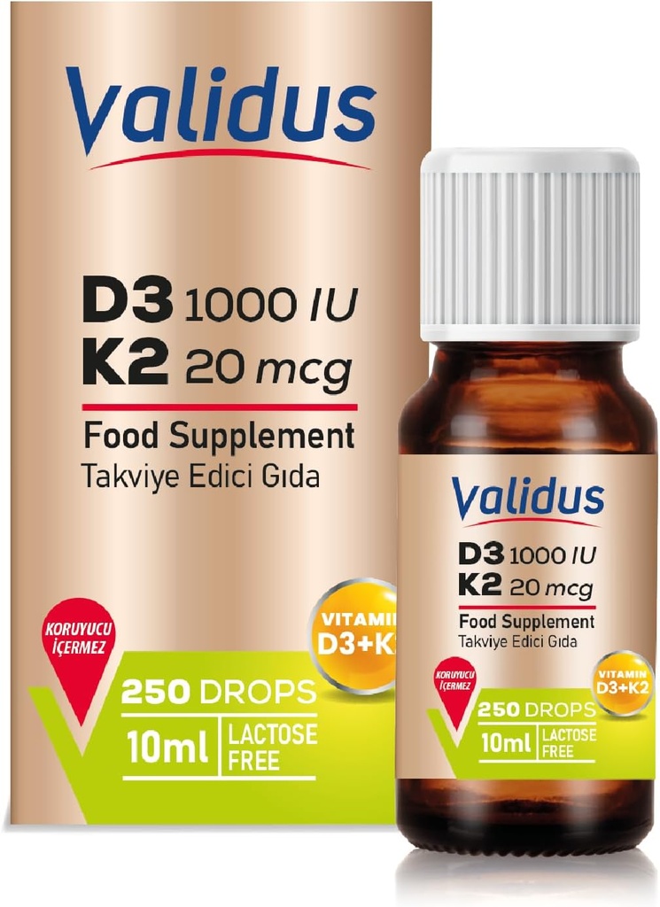 VALIDUS D3K2 vitamīna pilieni – augstas potences D3 vitamīns + K2 MK-7, 250 šķidruma pilieni, uzlabota kaulu un sirds veselības absorbcija, atbalsta imūnās funkcijas, ne-GMO, bez lipekļa, viegli lietojams, 10 ml