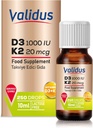 VALIDUS D3K2 vitamīna pilieni – augstas potences D3 vitamīns + K2 MK-7, 250 šķidruma pilieni, uzlabota kaulu un sirds veselības absorbcija, atbalsta imūnās funkcijas, ne-GMO, bez lipekļa, viegli lietojams, 10 ml