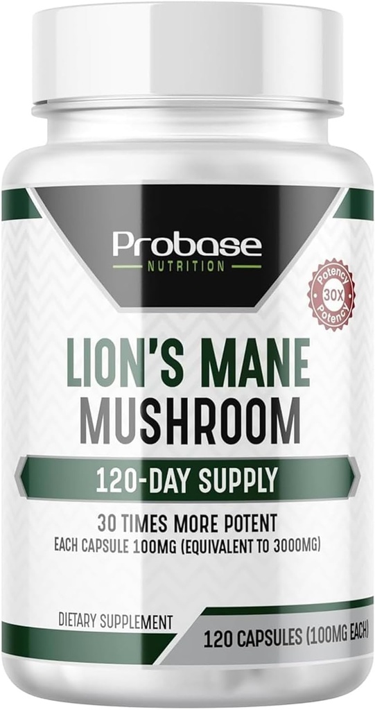 Probase Uzturs Lauvas Mane Papildinājums Kapsulas 30x potenci ekstrakts Sēņu papildinājums 4 Month Supply 120 Count