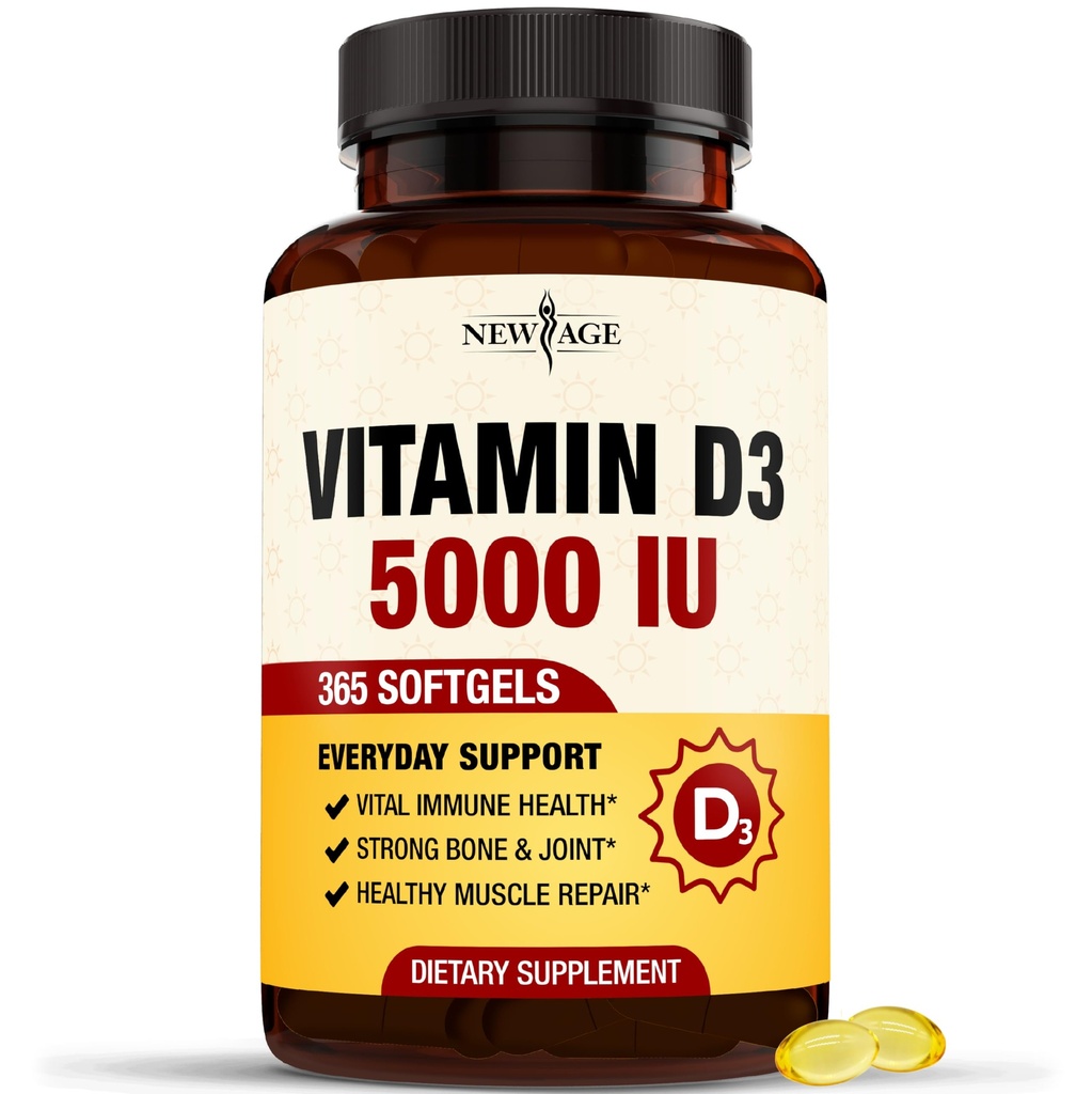JAUNS VECUMS D3 vitamīns 5000 SV 125mcg Softgels - atbalsts Imūnsupports, spēcīga kaulu veselība - ne-GMO, bez lipekļa, bez piena produktiem,1 gada piedāvājums (360 softgeli (1. iepakojumā))