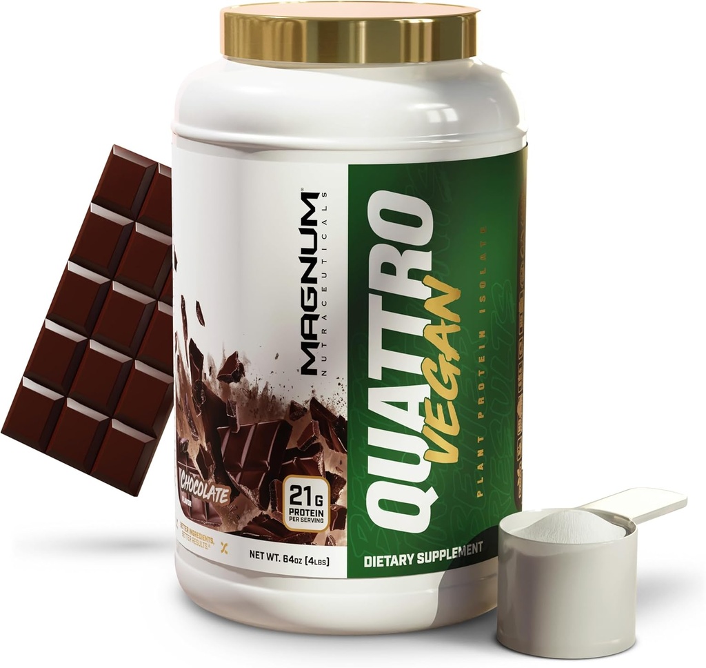 Magnum Nutraceuticals Quattro Vegan Protein Pulveris, Šokolāde 2lb – Premium augu proteīna pulveris Izolāts muskuļu augšanu un atjaunošanos
