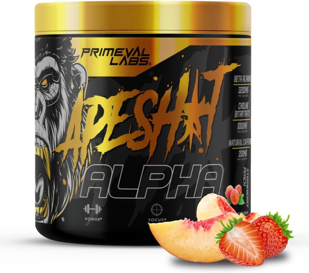Primeval Labs Ape Alpha Natural Pre Workout for Men and Women - Palielināt Izturību un Focus -- 350mg Kofeīns - Beta-Alanīns --L citrulīns -- Slāpekļskābe Oksīdu Boosteris - Zemeņu Persiku, 40 Kalpo