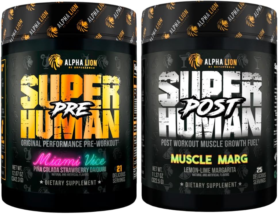 ALPHA LION Superhuman Pre Workout Pulveris & Post Workout Recovery Bandle, ilgstoša enerģija & Focus + Lean Muskuļu augšanu, stiprums & apjoms (Miami Vice & Muskuļu Marg)