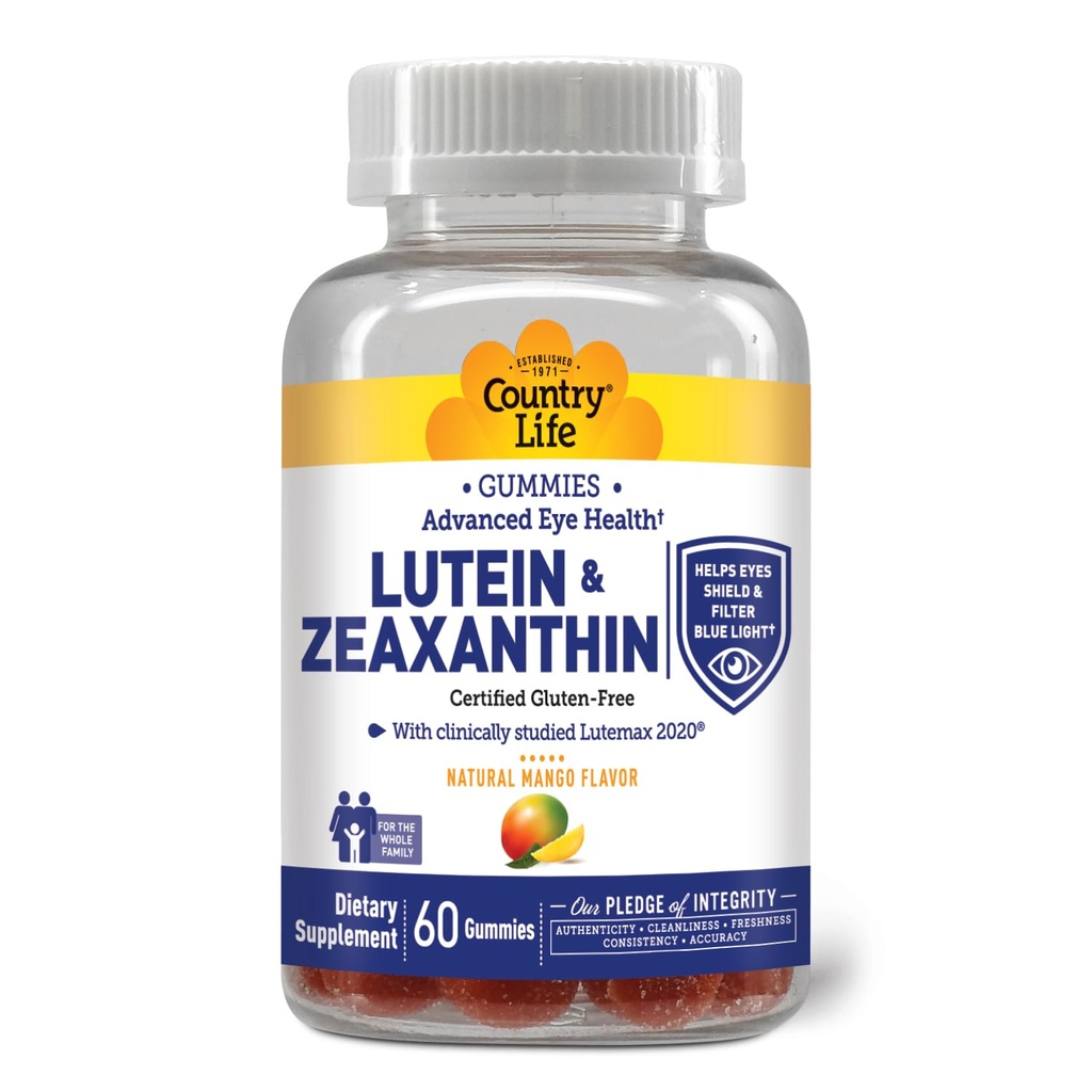 Country Life Lutein Gummies with Lutemax 2020, 60 Ct, Chewable Natural Acu atbalsta papildinājums, Marigold Lutein, Zeaxanthin, Eye Health & Macular Support, Non-GMO, Natural Fruit Pectin, Vegan
