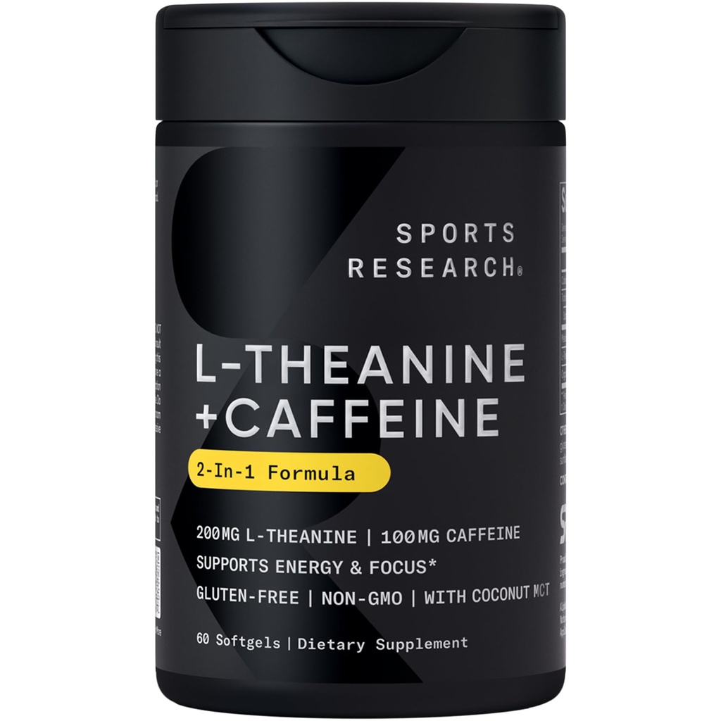 Sporta pētījumi L-teanīna papildinājums ar kofeīnu un kokosriekstu MCT Oil - fokusēta enerģija, trauksme un relaksācija bez miegainības - 200mg L Theanine, 100mg Organic Kofeīns - 60 Liquid Softgels