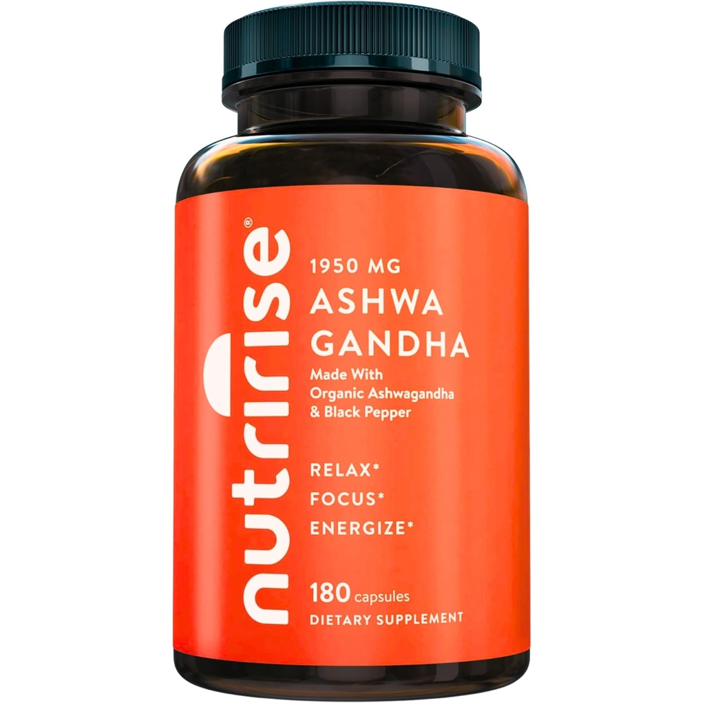 NutriRise Organic Ashwagandha Root Kapsulas ar melno piparu 1950mg, dabas stress & koka, vairogdziedzera un imūnās atbalsta papildinājums, miega palīdzība, skaidrība, Focus & Energy, lipekļa bezmaksas, 180 Skaits
