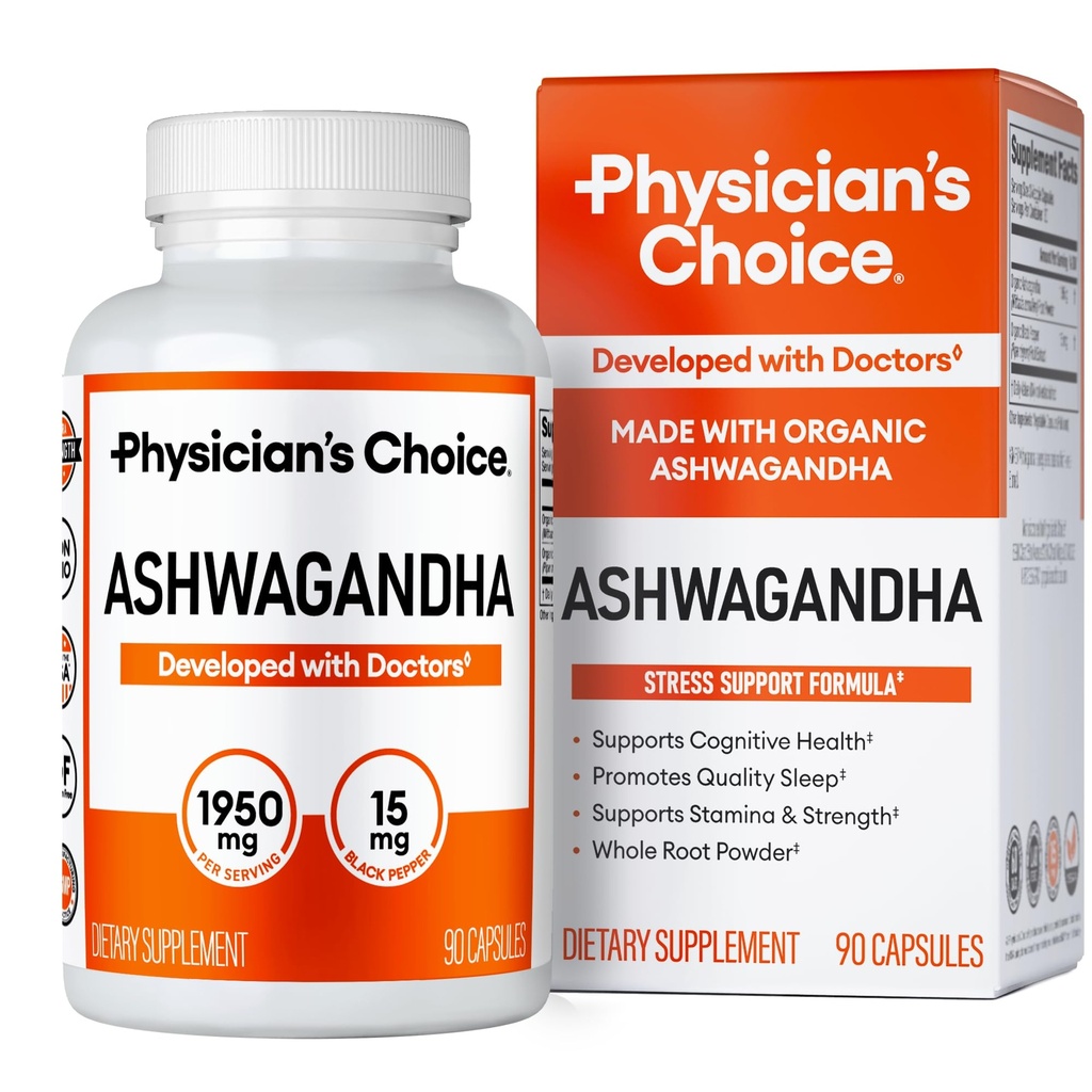 Ārsta CHOICE Ashwagandha papildinājums - 1950mg bioloģiski pieejamā Organic Ashwagandha Saknes Pulveris - Melno piparu ekstrakts, Stresa atbalsts, Mood Support papildinājums, 90 Veggie Ashwagandha kapsulas