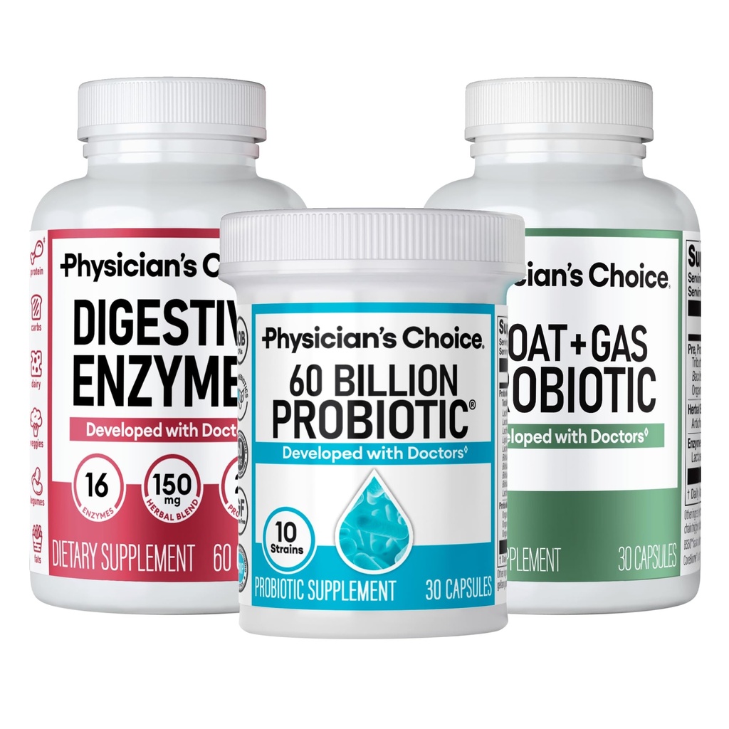 Ārsta CHOICE Gut Gut Guardian Bandle: 60 miljardi probiotikas 30ct + blūzes un gāzes Probiotikas 30ct + gremošanas enzīmi 60ct