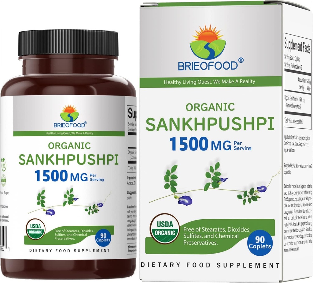Brieofood Organic Sankhpushpi 1500mg, 45 Kalpo, Veģetārs, Gluten Brīvs, 90 Veģetāru Tabletes