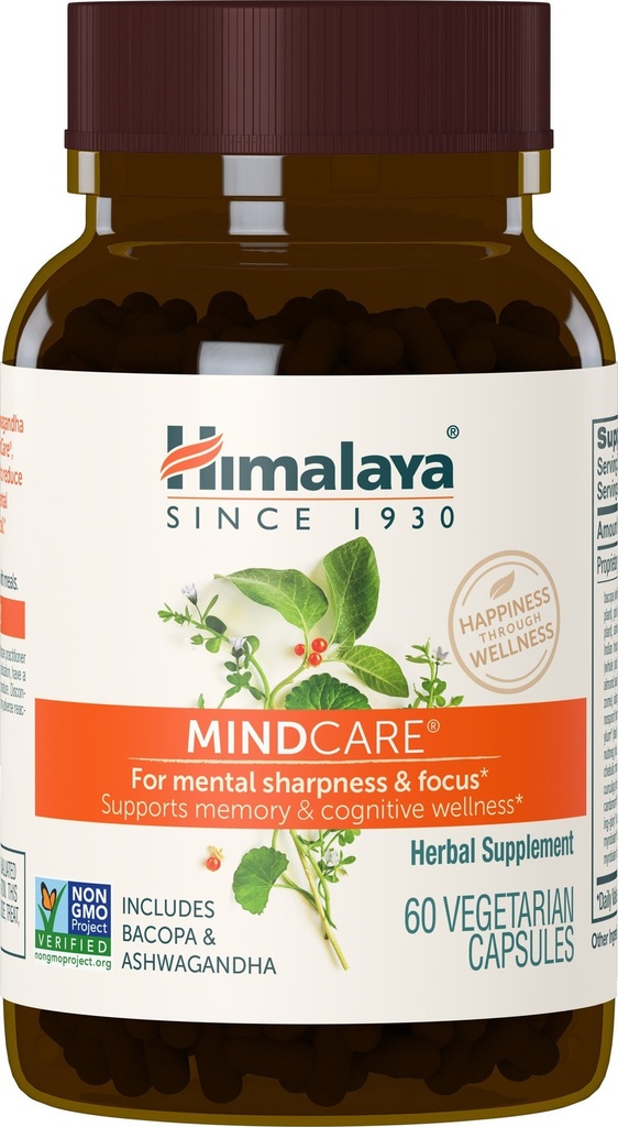 Himalaya MindCare - Nootropie augu smadzeņu papildinājumi atmiņas un fokusa atbalstam - Vegan, non-GMO, bez lipekļa, 1170 mg, 60 kapsulas