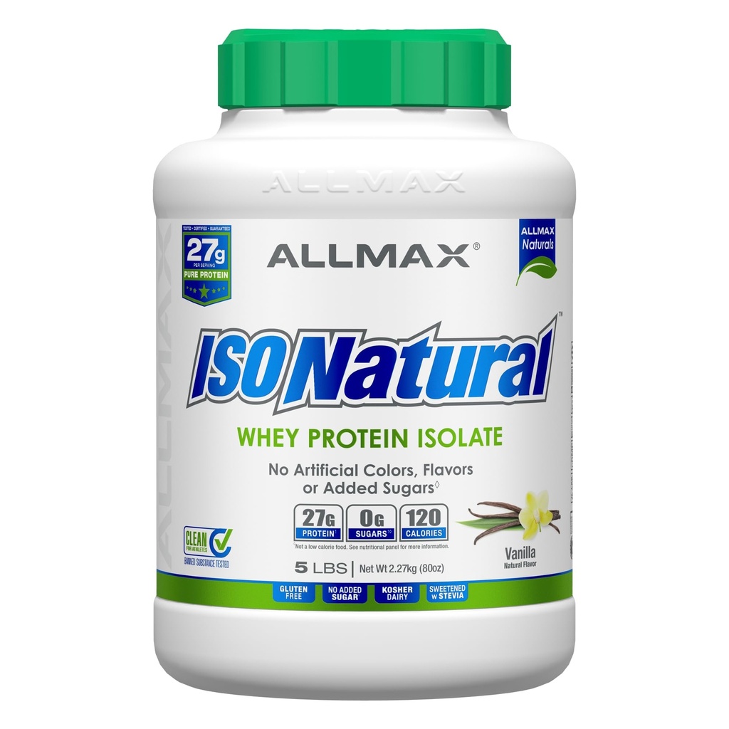 ALLMAX Barības ISONATURAL Sūkalu olbaltumvielu izolāts, Vaniļas 5 lb - 27 Olbaltumvielu Grams uz kausiņu - Nulle tauku un cukura - 99% Bez laktozes - ar prebiotikām - Bez mākslīgām smaržvielām - 73 Servējumi