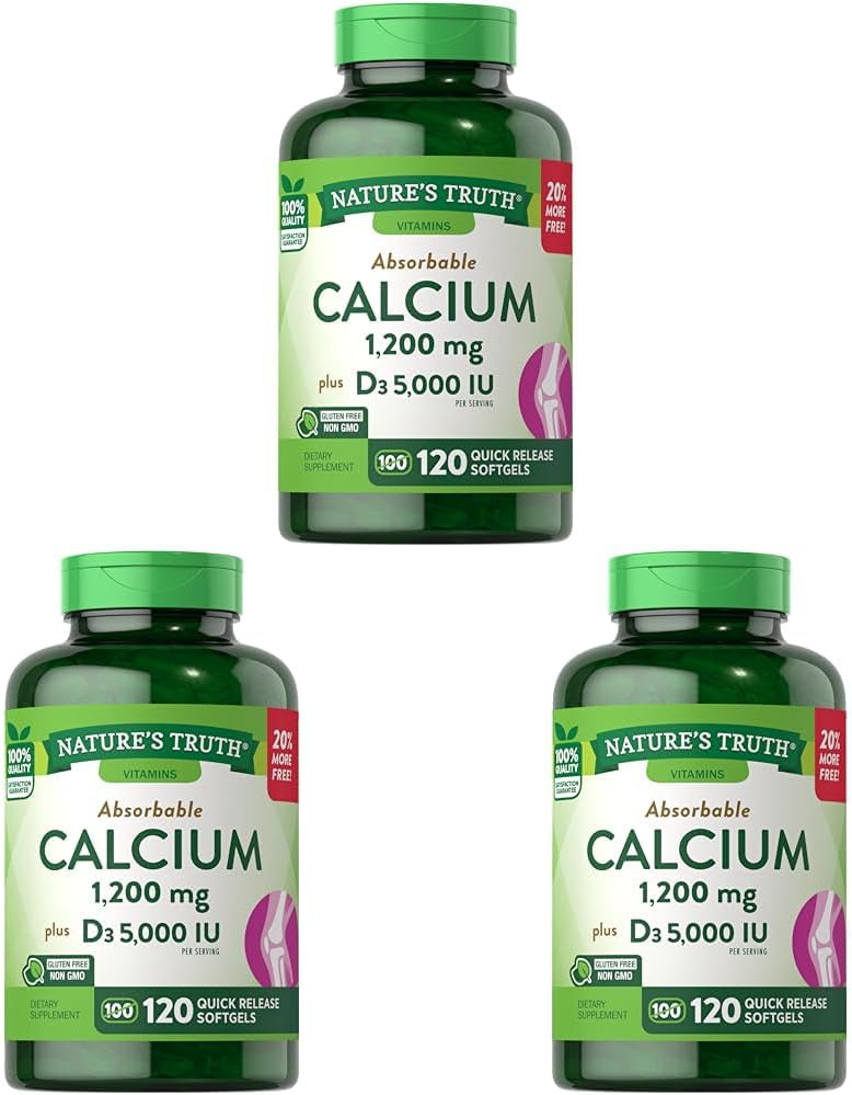 Dabas patiesība Absorbējams kalcijs 1200 mg ar vitamīnu D3 5000 SV - 120 softgeli - kalcija karbonāts -- Ne-GMO bez glutēna piedevas (3. iepakojums)