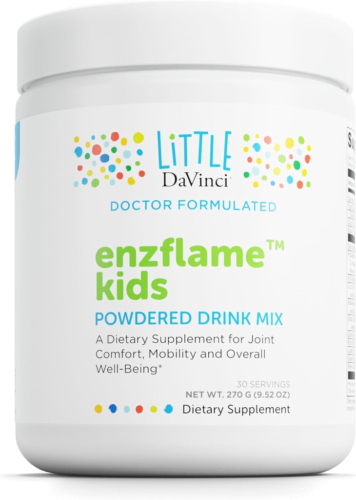 Little DaVinci Enzflame Kids - pulveris Dzēriens Mix papildinājums, lai atbalstītu muskuļu un locītavu komfortu, mobilitāti un imūno veselību* - ar kalciju, nātriju, fermentiem, DMG, un vairāk - Orange Flavor - 30 Servē