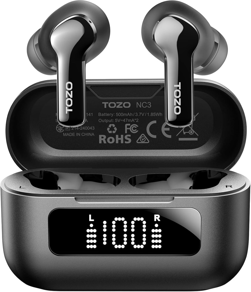 TOZO NC3 Hybrid Active Troksnis Atcelt Bezvadu Earbuds ar 6 Mics Ausu apvalkiem 55H Playtime with LED Display 32 Preset EQs via APP Bluetooth 5.3 IPX8 Ūdensdrošs ausu austiņās