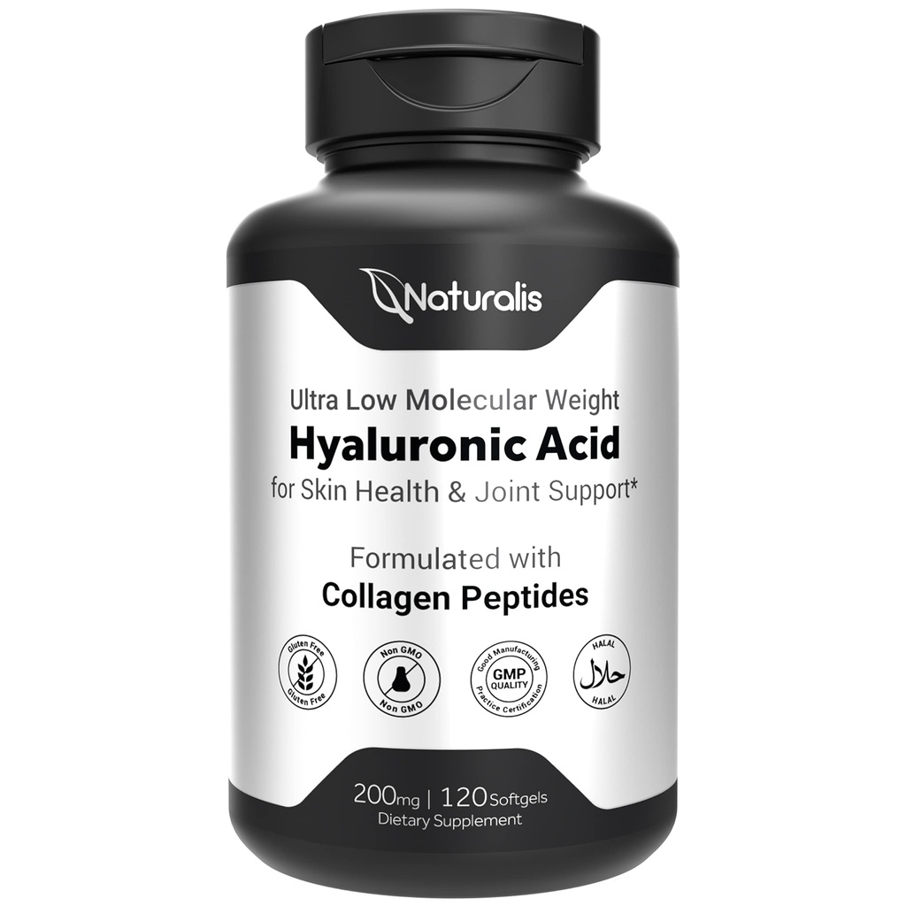 Naturalis Hyaluronic Acid 200mg, 10x labāka absorbcija Ultra zema molekulārā masa ar kolagēnu, biotīns, selēns un E vitamīns             - Matu, ādas, nagu un locītavu papildinājumi - 120 Softgels