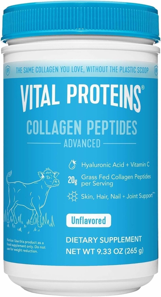 Vitālie proteīni Zāles barotnes kolagēna pulvera papildinājums Hidrolizēti peptīdi ar hialuronskābi un C vitamīnu – ne-GMO, bez piena un glutēna, neapvalkoti, 9,33oz
