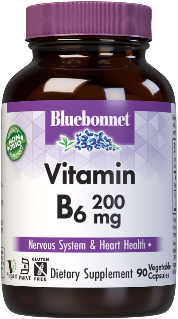 Bluebonnet Nutrition Vitamīnu B6 Dārzeņu kapsulas, 200 mg, Sirds un asinsvadu un nervu sistēmas veselībai, bez sojas, bez lipekļa, bez košera, bez piena, vegana, ne-GMO, 90 Dārzeņu kapsulas, 90 Servējumi
