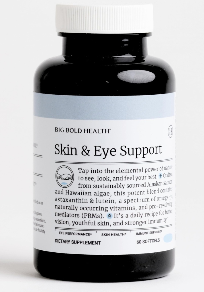 BIG BOLD HESEL Skin & Eye Support Omega-3 papildinājums ar Aļaskas lašu eļļu, DHA, astaksantīnu un luteīnu redzei, ādas veselībai un imunitātei (60 softgels)