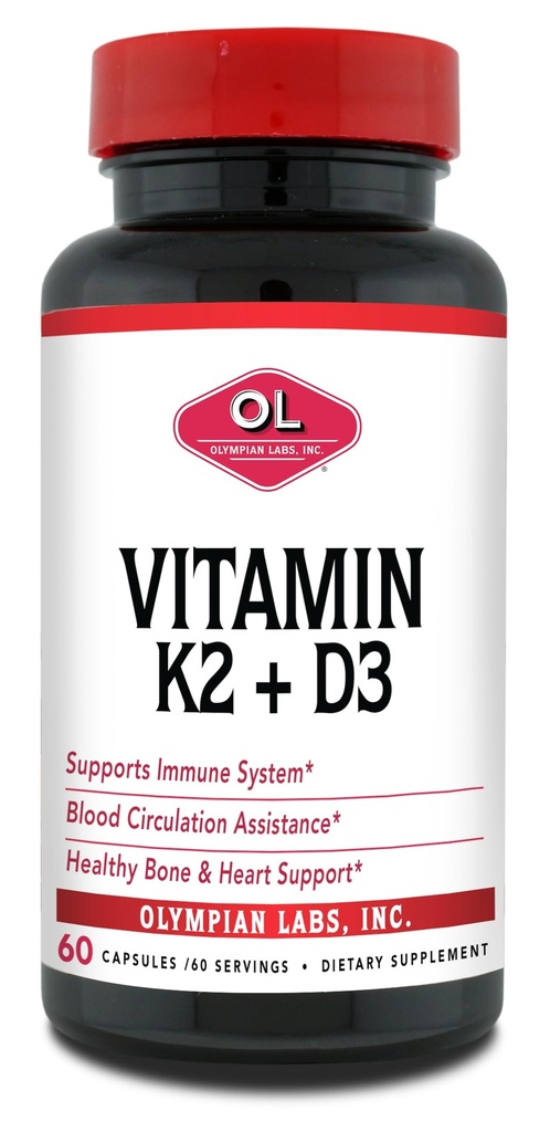 Olympian Labs vitamīns K2 + D3, 60 Kalpo, uztur imūnsistēmu, kaulu un sirds atbalstu, 60 Vegan kapsulas