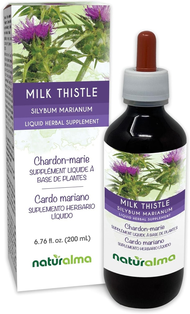 Naturalma Milk Thistle (Silybum marianum) Augļi un augi Alkohola beztinktūra - 6.76 fl oz Šķidrais ekstrakts pilienos - Augu Papildinājums - Vegan