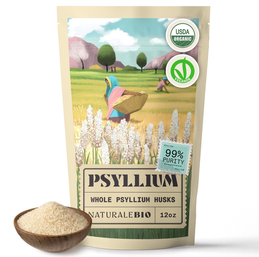 NaturaleBio Viss Psyllium Husk. 12 oz. 99% Pure Psyllium Seed Husks. Natural Fiber pielikums. USDA Organic Certified. Ražots Indijā. Gluten Free, Keto, Paleo, Vegan Diets. Probiotikas