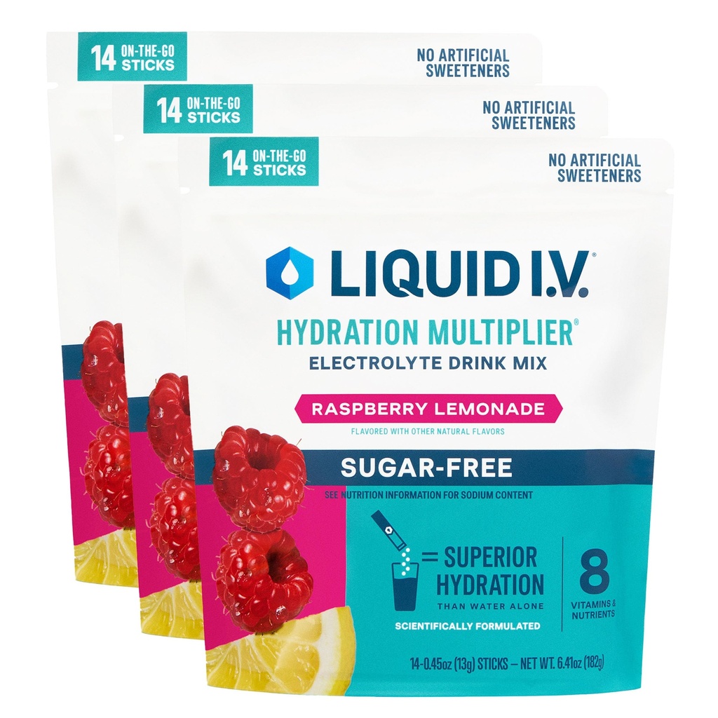 Šķidrs I.V.® Hidratācijas pavairotājs® Bezcukura - Aveņu citronāde -- Elektrolītu pulveris Dzēriens Mix -- 3 Iepakojums (42 Servē)