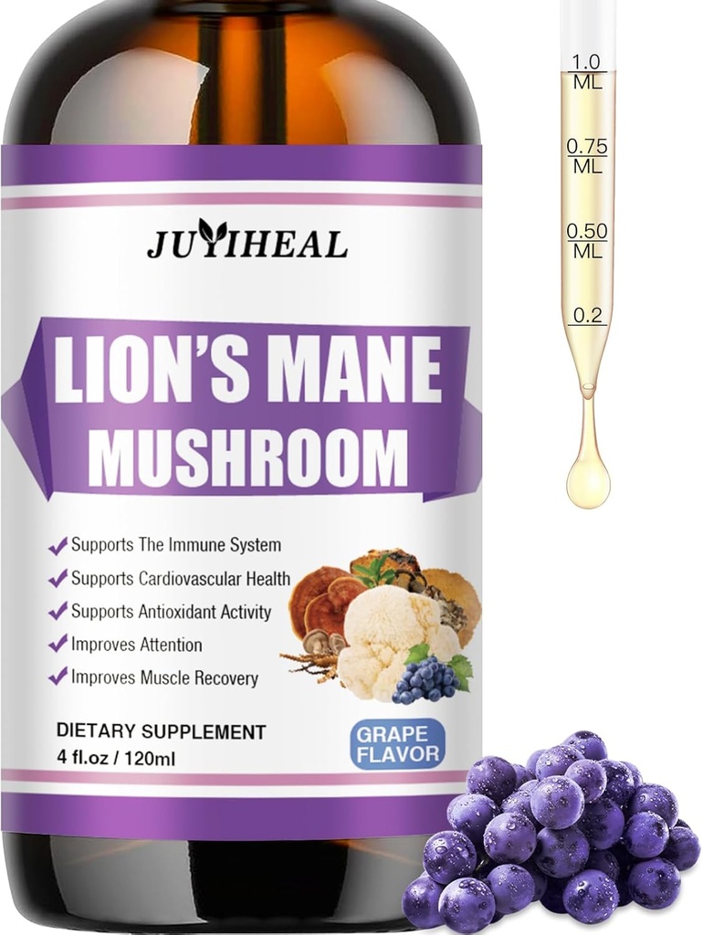 Lauvas Mane Liquid - smadzeņu atbalsts, enerģija, atmiņa un fokuss - cukurs un bezalkohola Lauvas Mane pielikums - 4 Fl OZ, 4 mēnešu piegādes, vīnogu Flavor