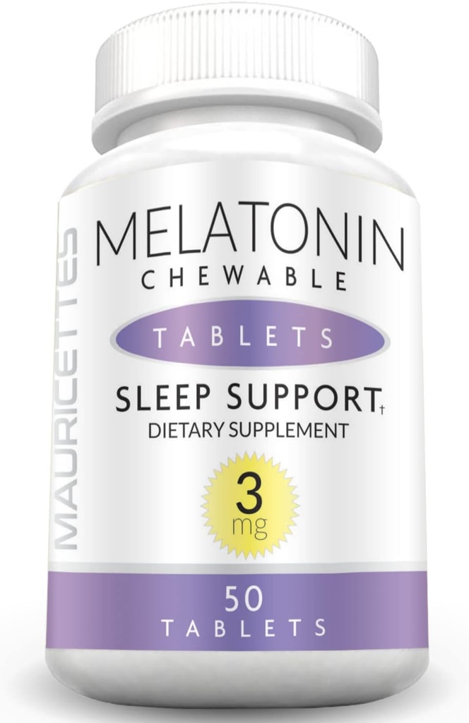 Mauricetes Natural Melatonin 3mg košļājamās tabletes - ātras darbības 3 mg miega tabletes bērniem, pusaudžiem un pieaugušajiem, Neuzliesmojošs, Non Additive, Dissolvedable Miega palīglīdzeklis, 50 košļājamās tabletes