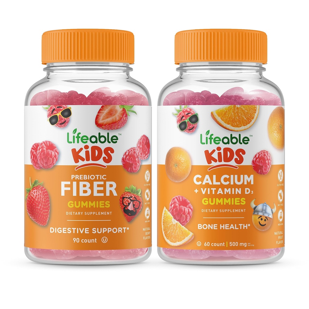 Dzīvojams Prebiotikas Fiber Kids + Kalcijs ar vitamīnu D Bērniem, Gumijas Bundle - Great Tasting, Vitamīnu Papildinājums, Bez lipekļa, bez ĢMO, košļājamā gumija