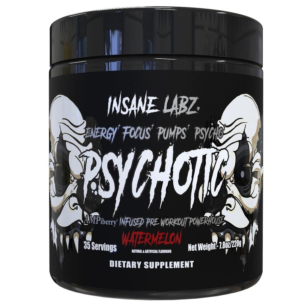 Insane Labz Psychotic Black Edition Mid Stimulant pirms Workut pulveris, enerģija Focus sūkņi, ielādēts ar kreatīnu Beta Alanine Taurine Fueled by AMPiberry, 35 Servings (Ūdensmēlene)