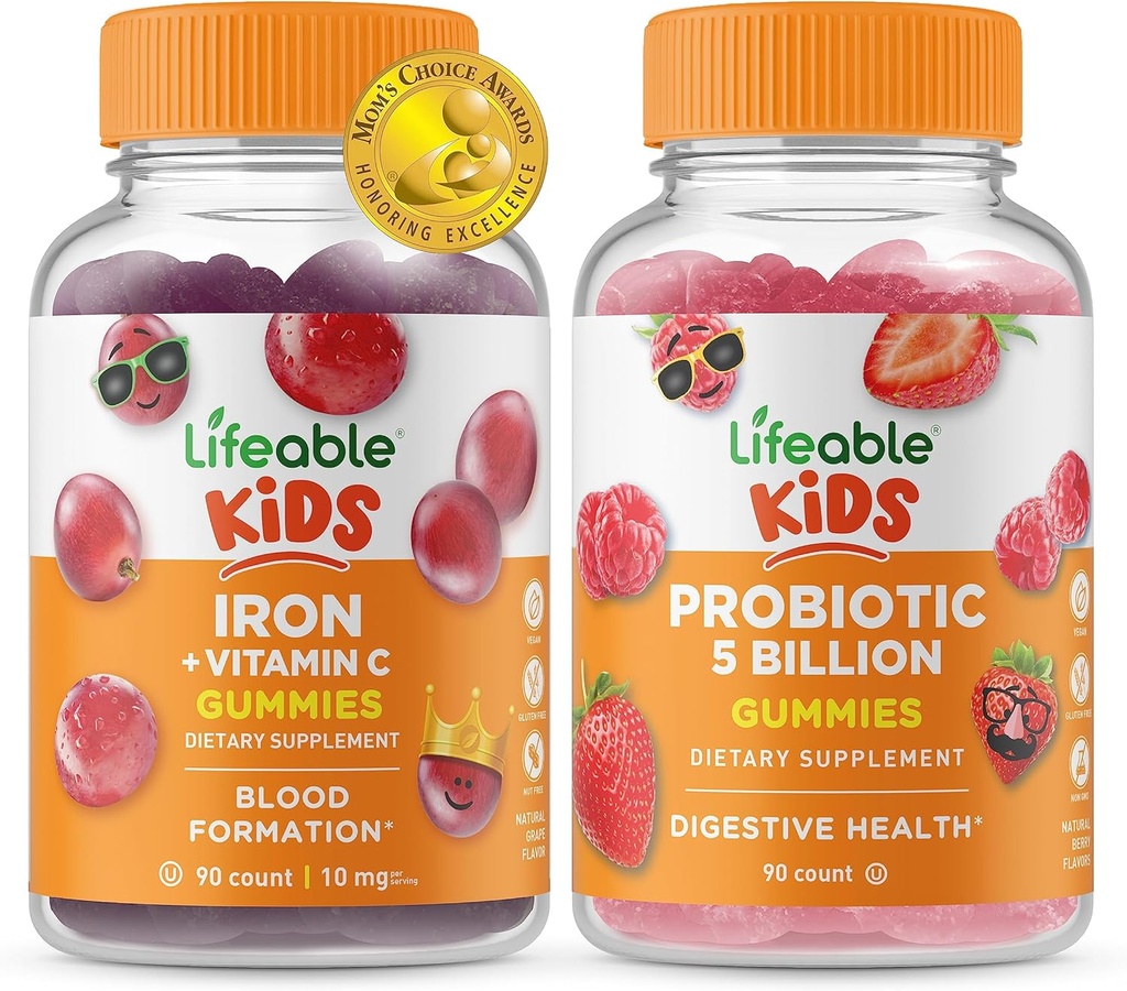 Dzīvot dzelzs un vitamīns C Kids + probiotikas 5 miljardi bērnu, gumijas Bandle - Great Tasting, vitamīnu papildinājums, bez lipekļa, bez ĢMO, košļājamā gumija