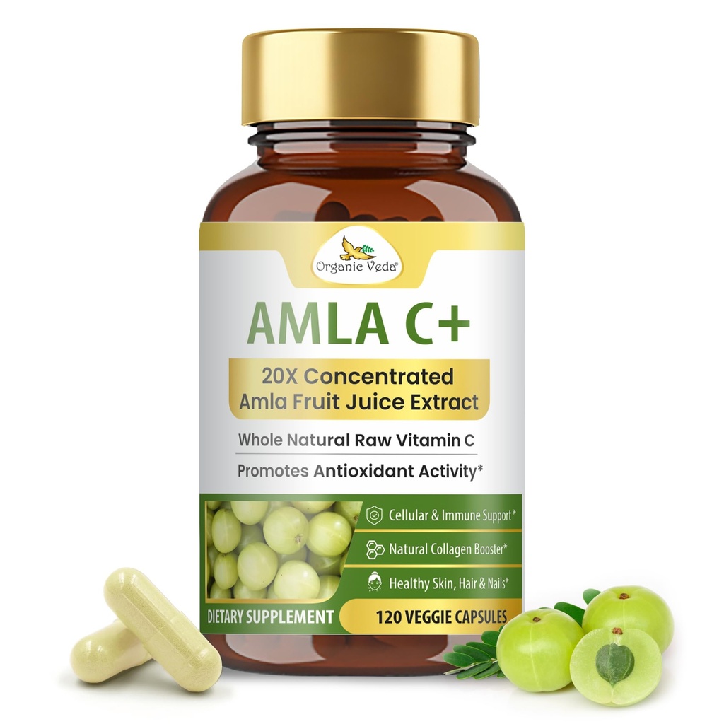 Organiskās Veda Amla augļu kapsulas, 20 X Koncentrēts Amla ogu sulas ekstrakts Dabīgs C vitamīna papildinājums - Spēcīgi antioksidanti, Imunitāte, Ādas radiācija - Vegan C vitamīna Amla pulvera kapsulas 120
